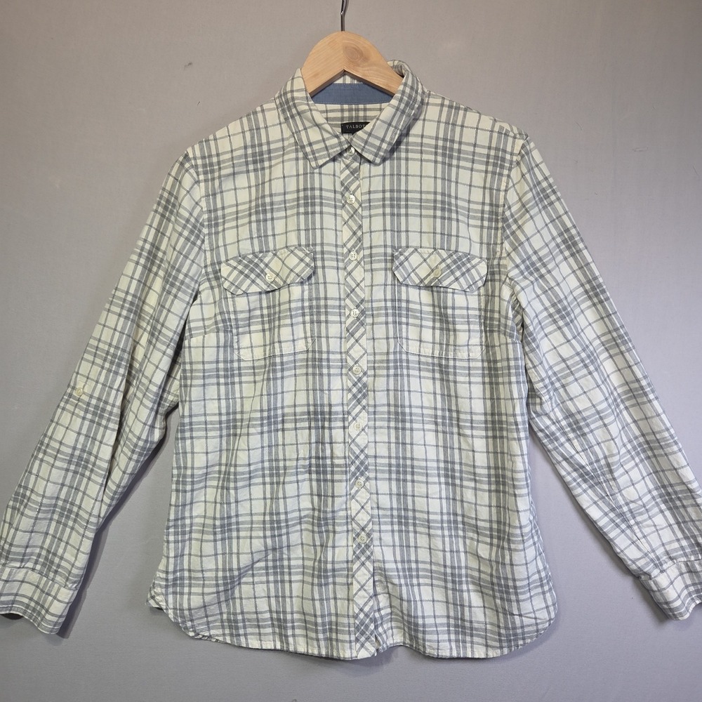 Talbots‎ Women's Size 12 Gray White Plaid Button Front Roll Tab Shirt Metallic
